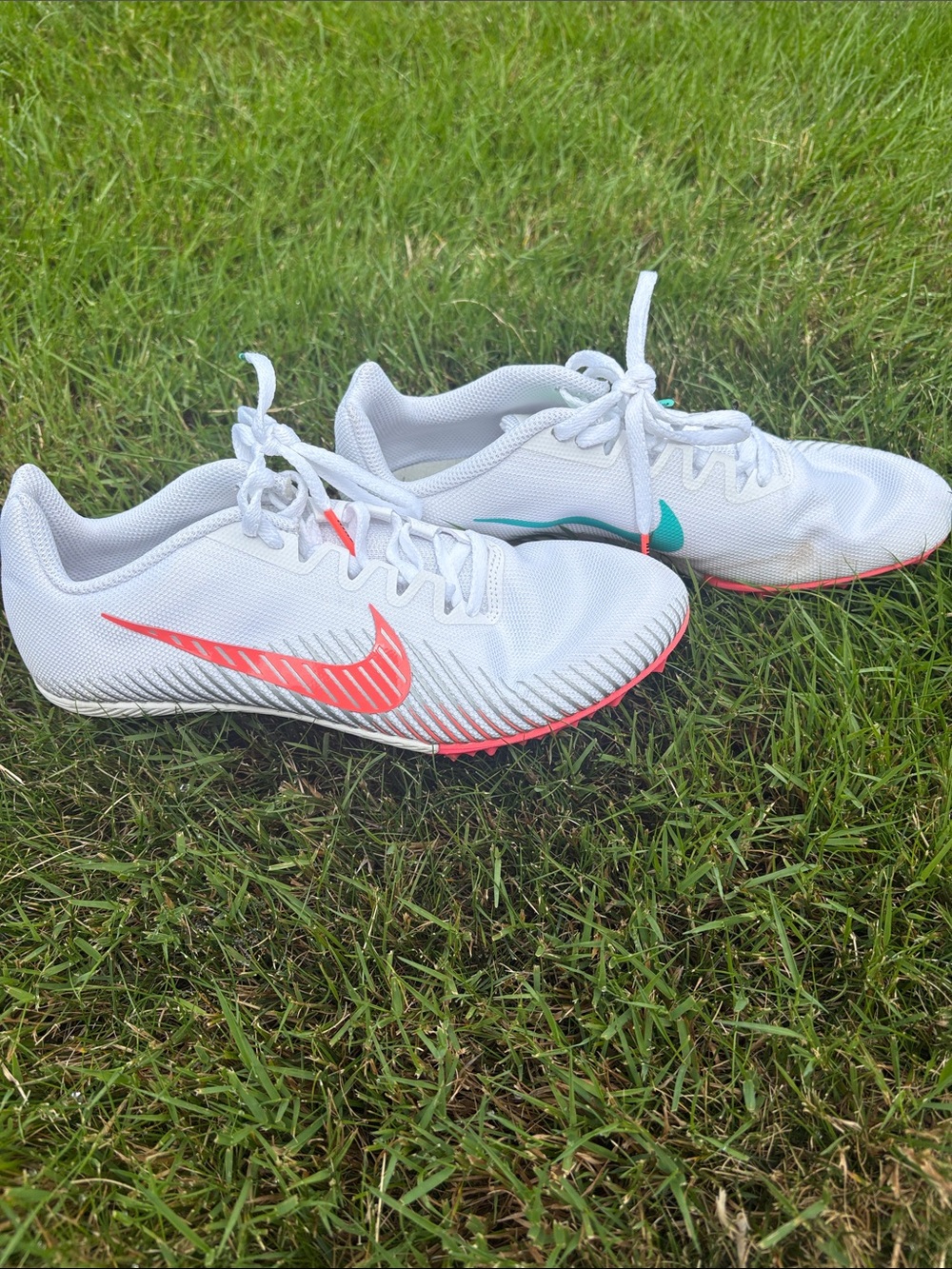 Nike Zoom Rival M Track Spikes with Coral and Teal Swoosh and Teal Lace Tabs